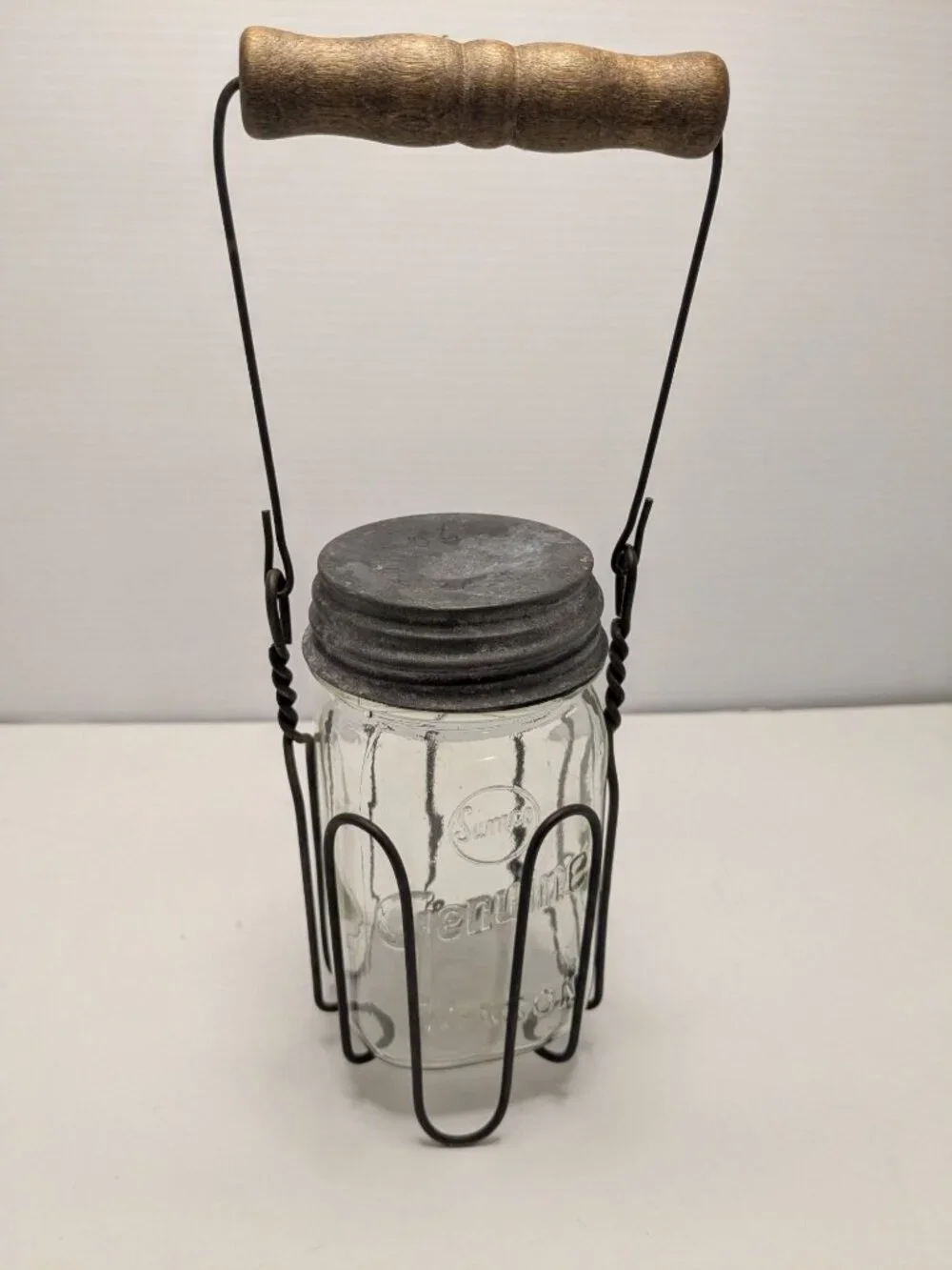 Vtg. Samco Genuine Mason Jar Steel Holder Wooden Handle Zinc Lid Moonshine Caddy